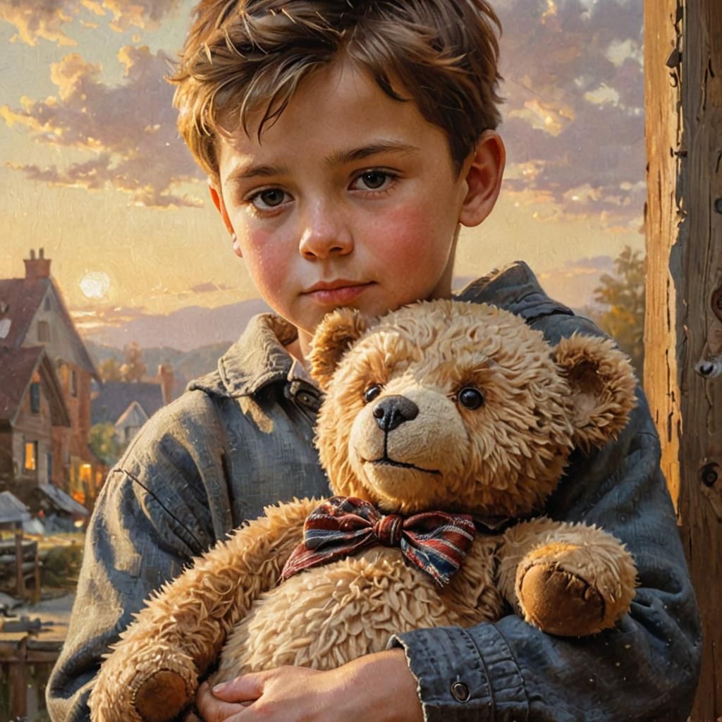 Boy and Teddy Bear Portrait in Traditional Realism