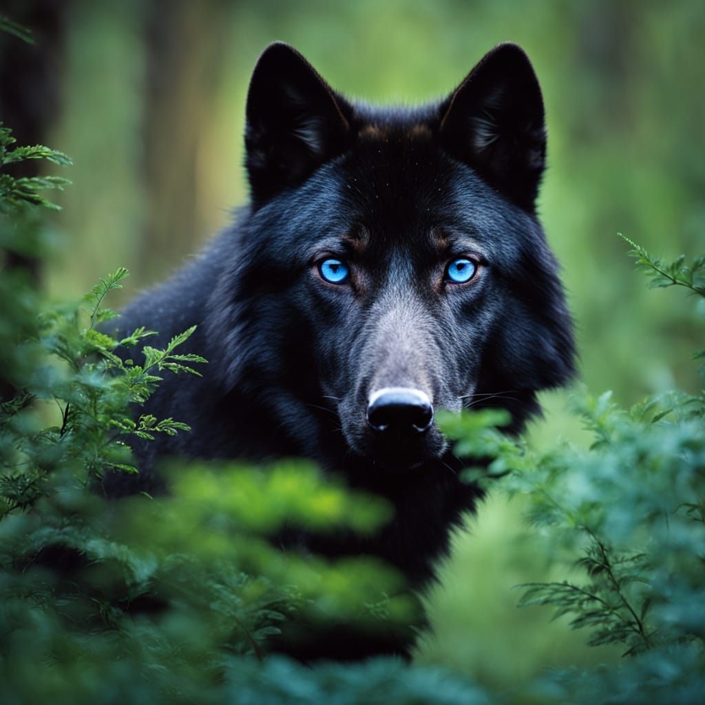 Black Wolf with Blue Eyes in Forest