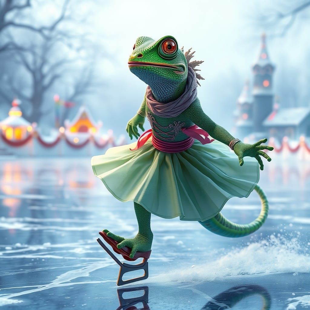 Vibrant Green Iguana in Ice Skating Dress, Gliding Across Fr...