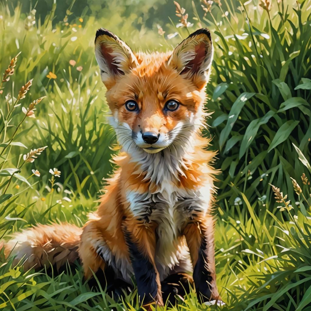 Fox Pup in Meadow: Dreamy Digital Painting