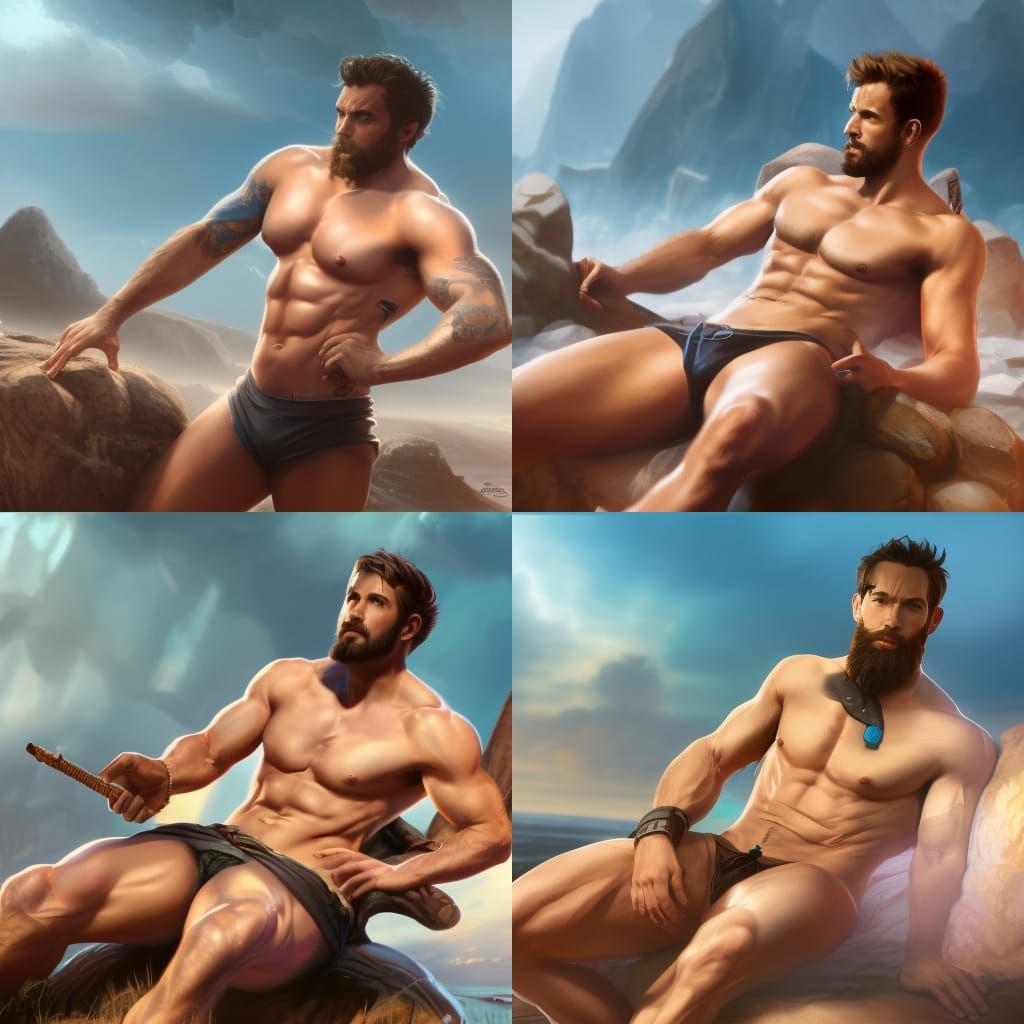 Hyperdetailed Portrait of Man on Beach in Underwear