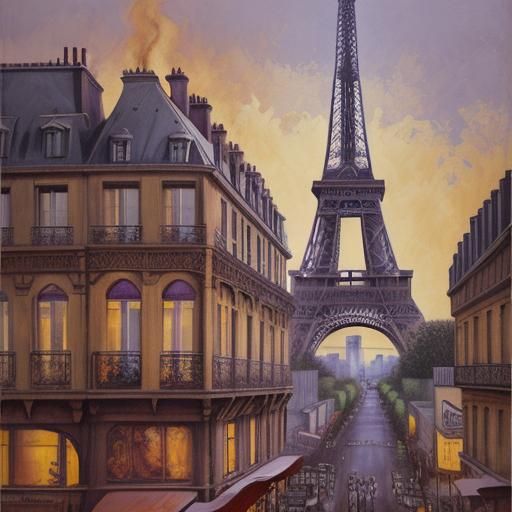Eiffel Tower Construction: Art Deco Steampunk Oil Painting