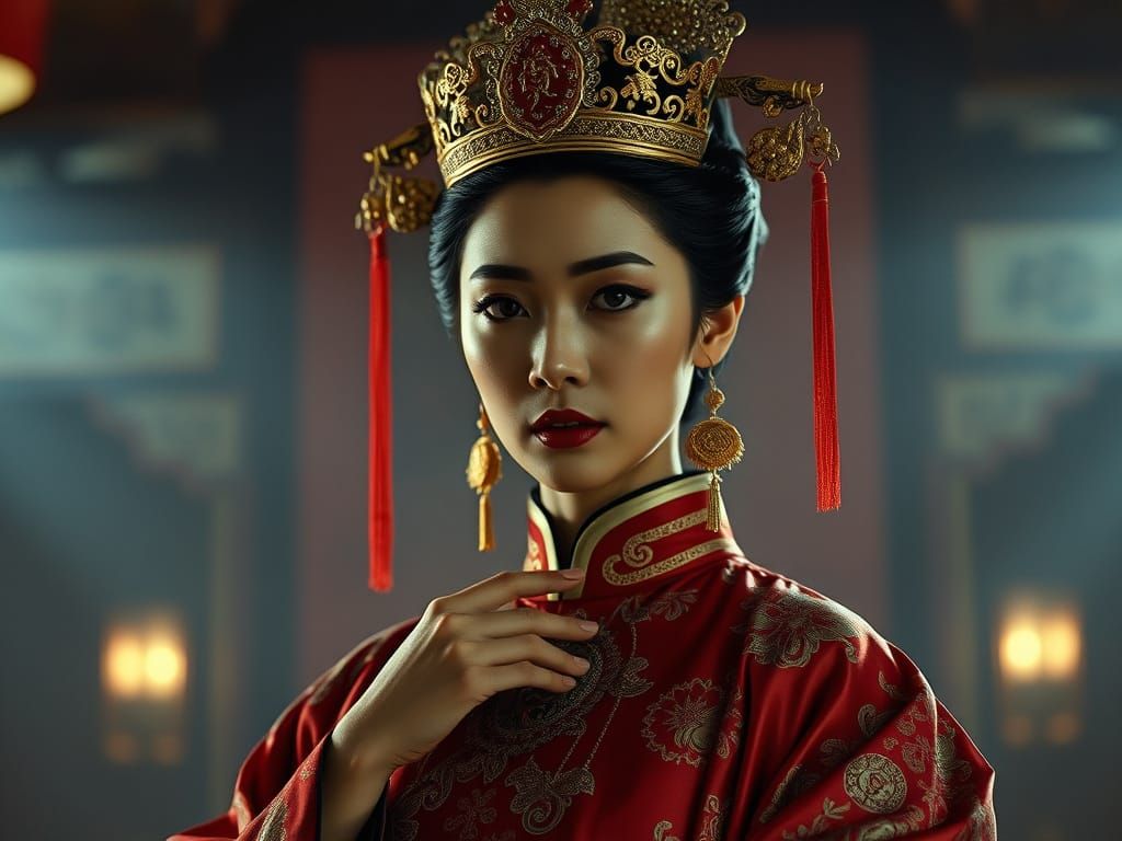 Regal Black Queen in Traditional Chinese Attire