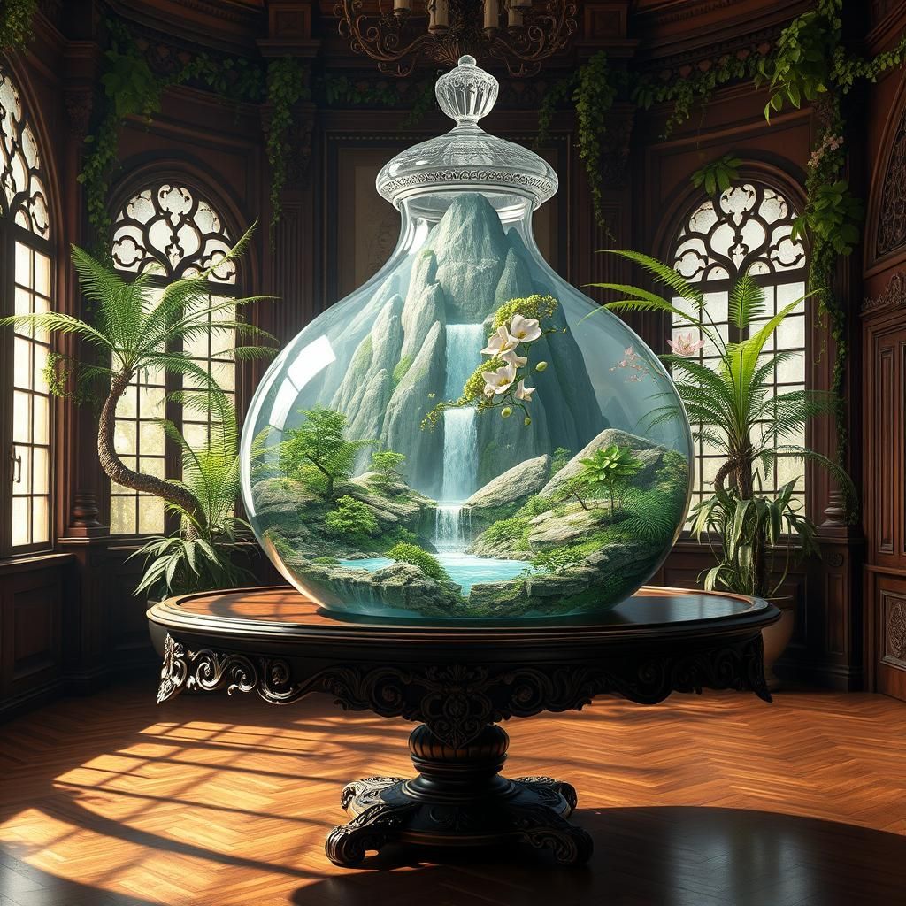 Fantasy Mountain Scene in Glass Container