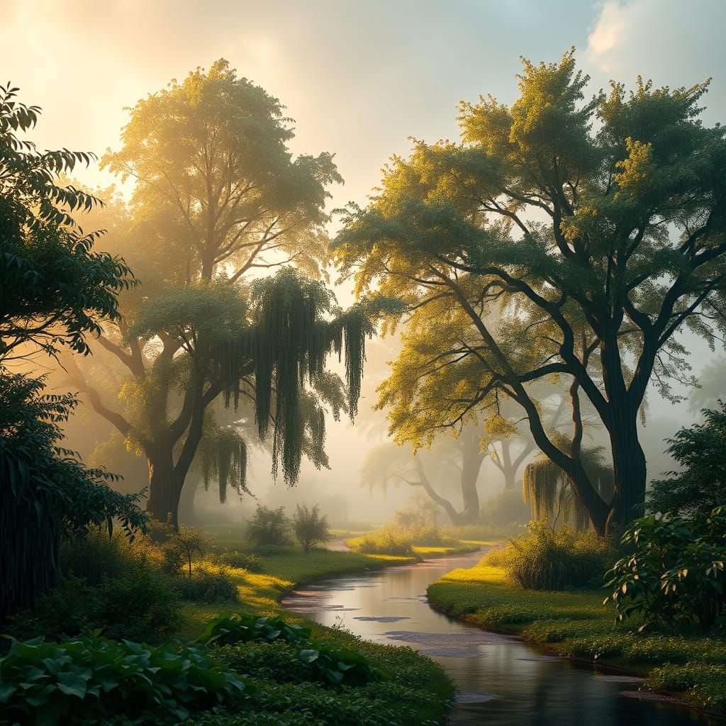 Serene Rainy Landscape in Impressionist Style