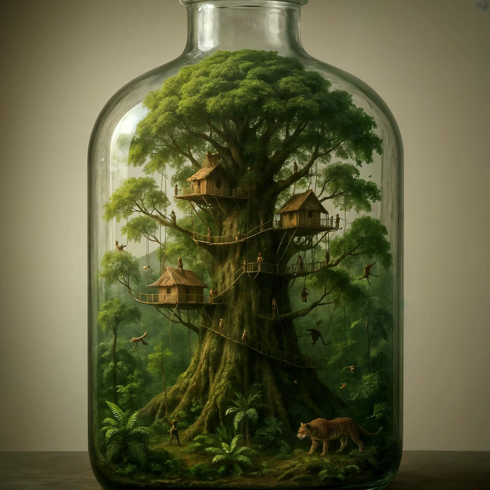Jungle Tree Ecosystem Contained in Glass Bottle