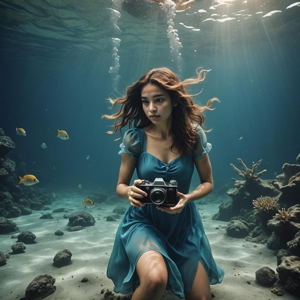 Underwater Photographer in Blue Dress, Cinematic Style