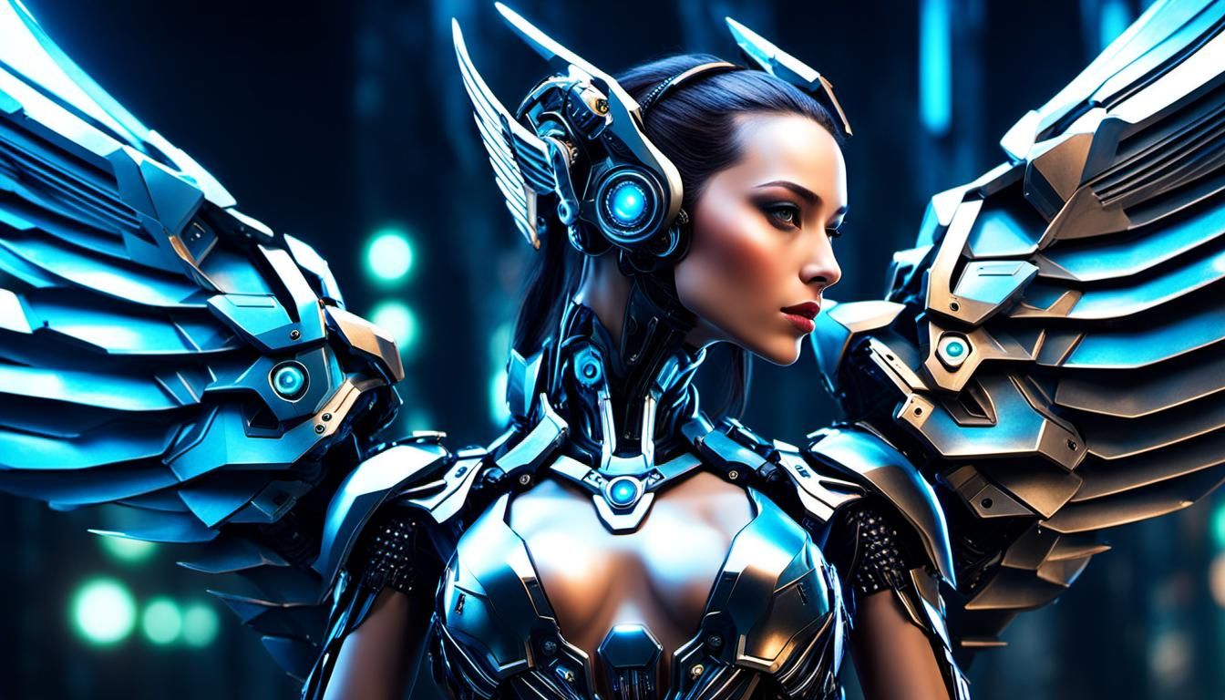 Futuristic Robot Angel in Cyberpunk Style