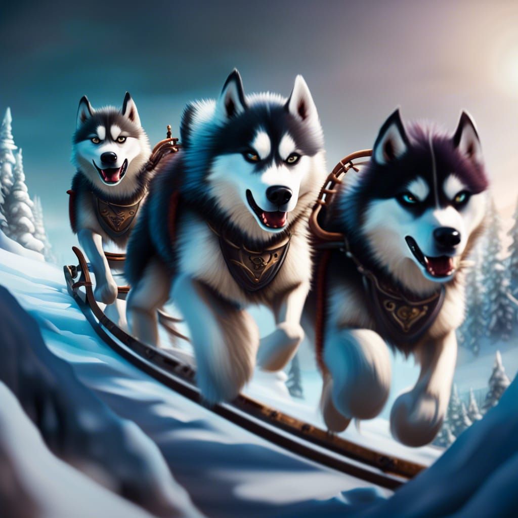 Huskies Pulling Sled: Detailed Fantasy Art