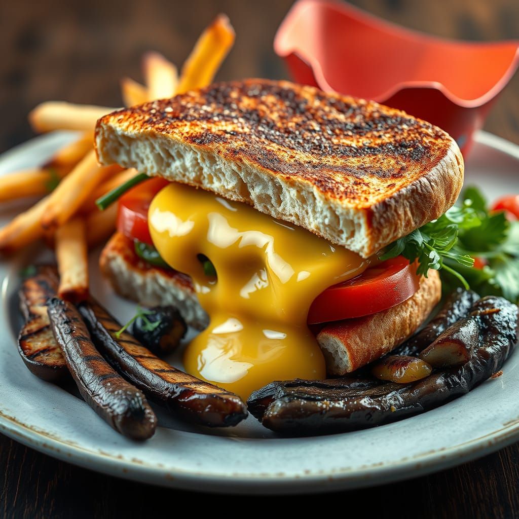 Photorealistic Club Sandwich with Fries and Vegetables