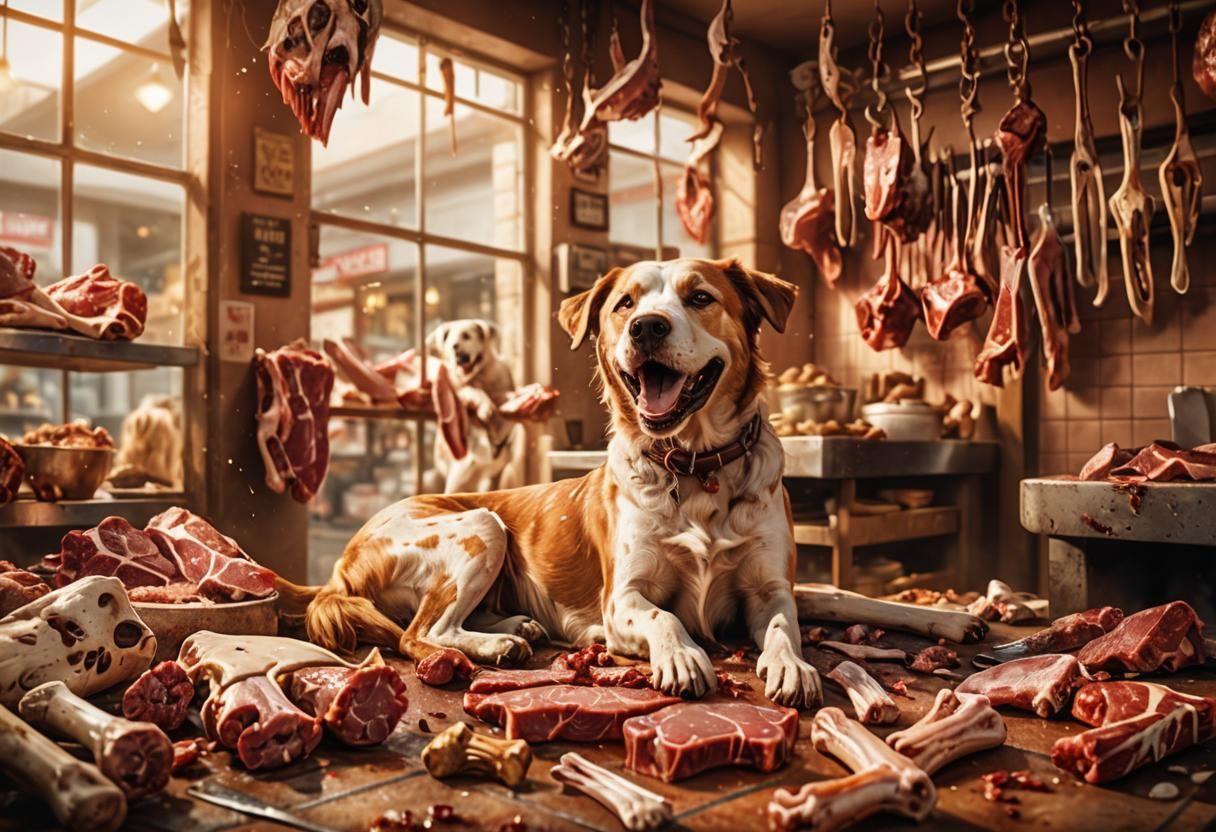 Happy Dog's Feast: Hyper-Realistic Butcher Shop Scene