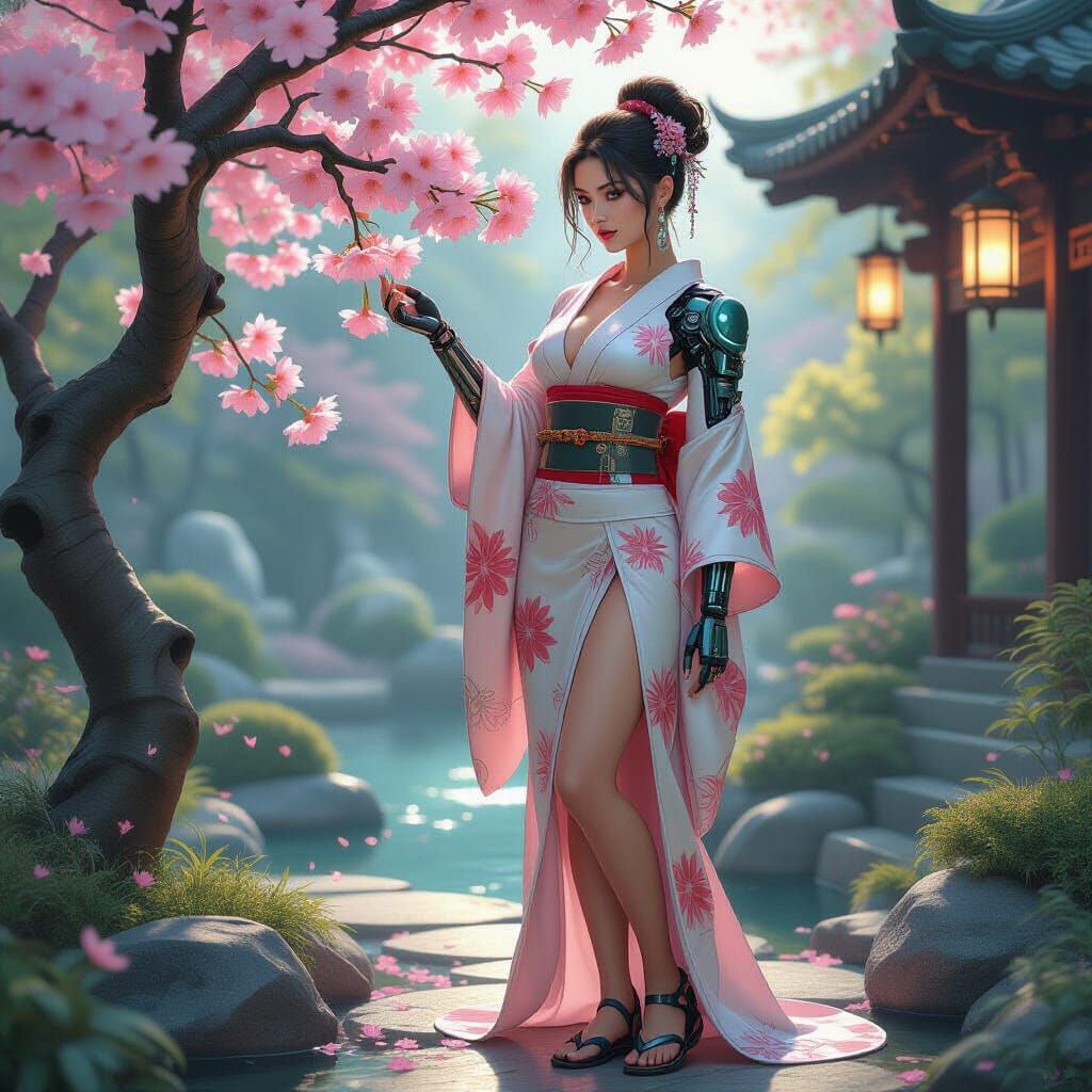 Cyborg Woman in Futuristic Garden, Artgerm Style