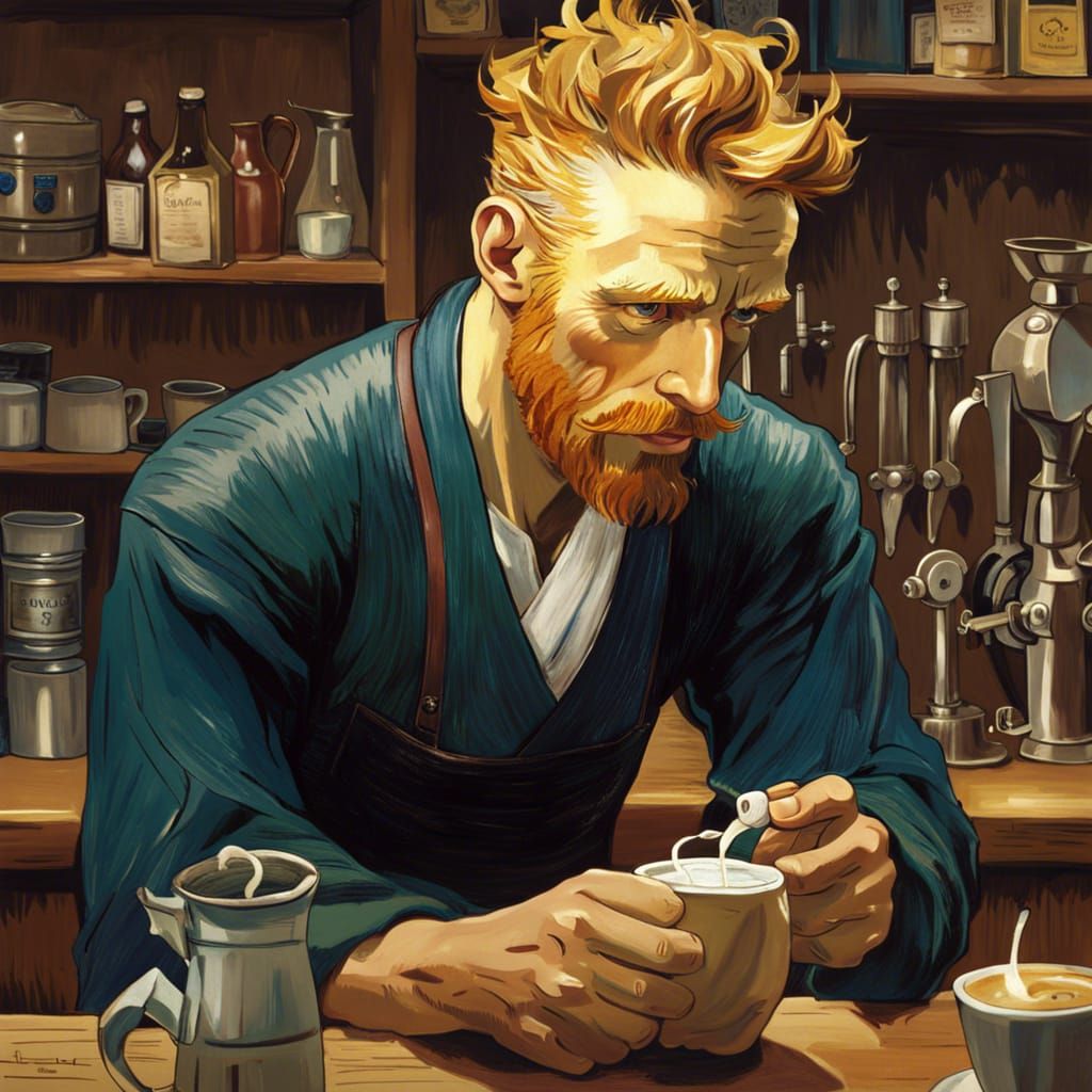 Barista in Van Gogh Style Anime Art