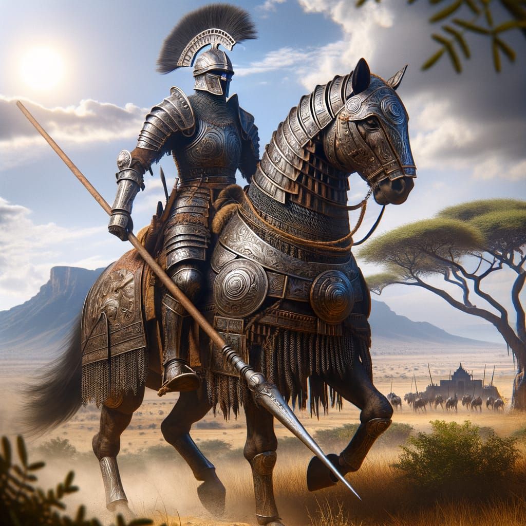 Bantu Cataphract in Full Armor on African Plains