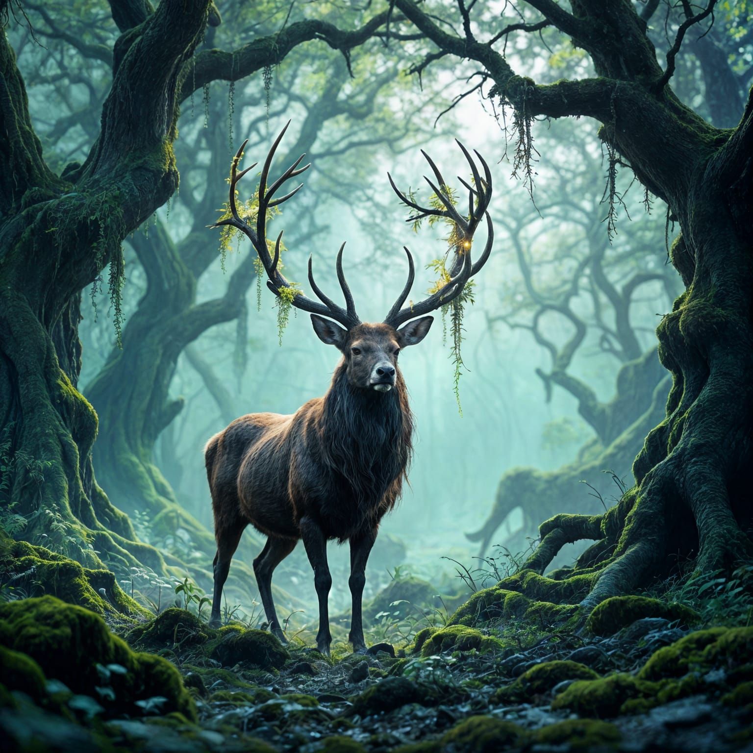 Majestic Stag in Enchanted Forest, Dark Fantasy Art