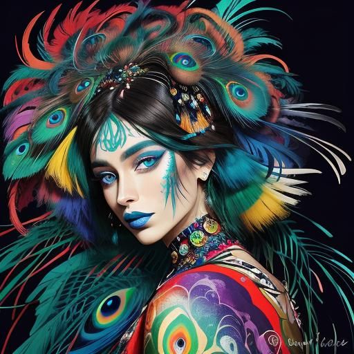 Peacock Haired Woman in Abstract Expressionist Style