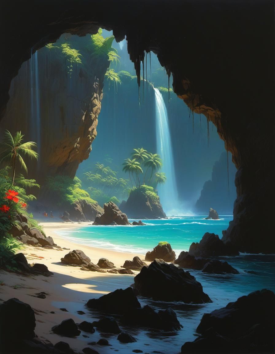 Tropical Island Oasis in Oil Painting Style
