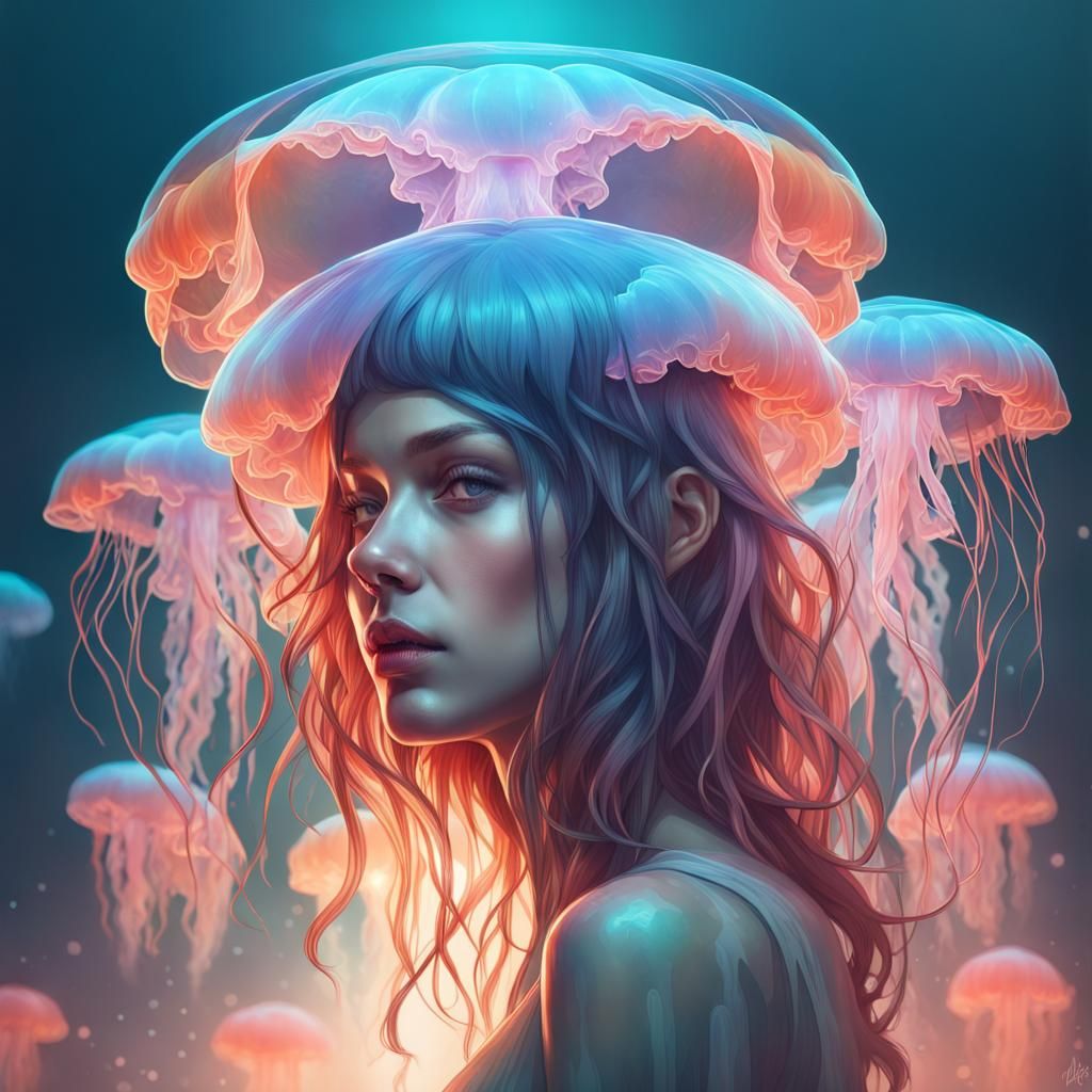 Jellyfish Girl Double Exposure Portrait in 8K