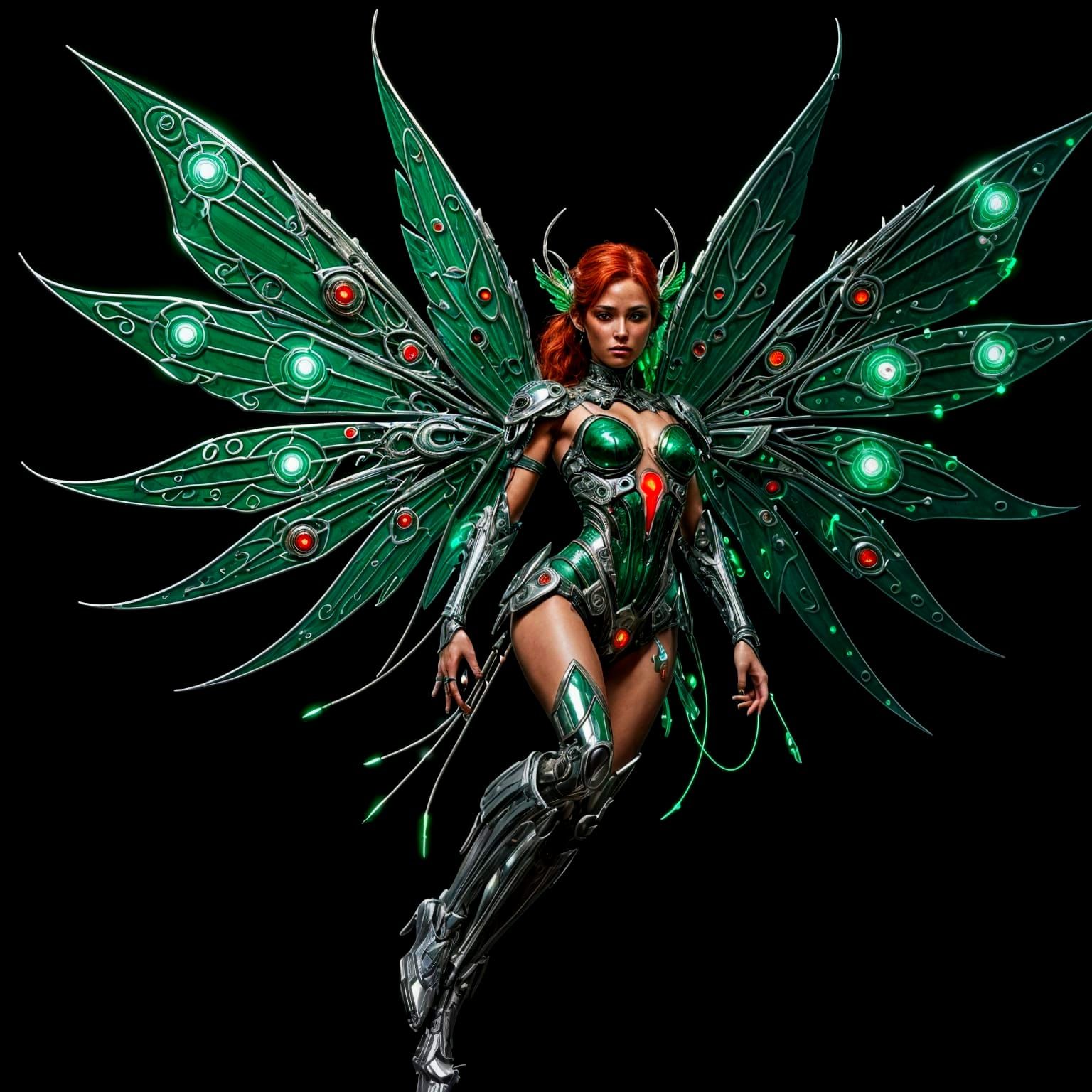 Cyborg Fairy with Scarlet Circuitry in Sci-Fi Elegance