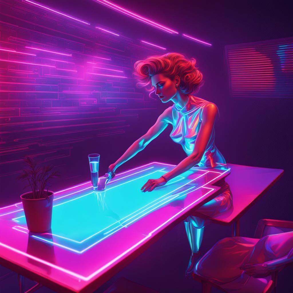 Holographic Woman in Synthwave Neon Diner