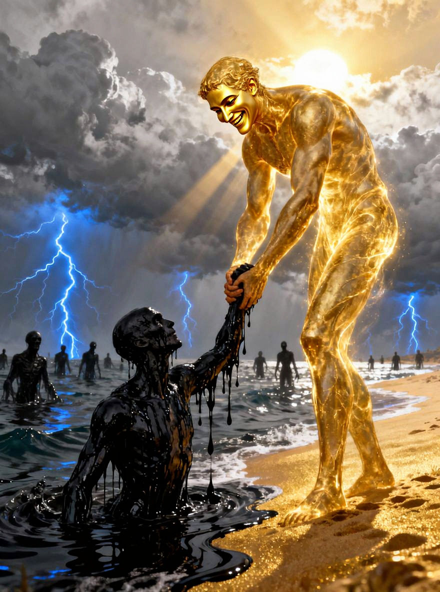 Golden Being Rescues Ink Figure in Epic Digital Illustration