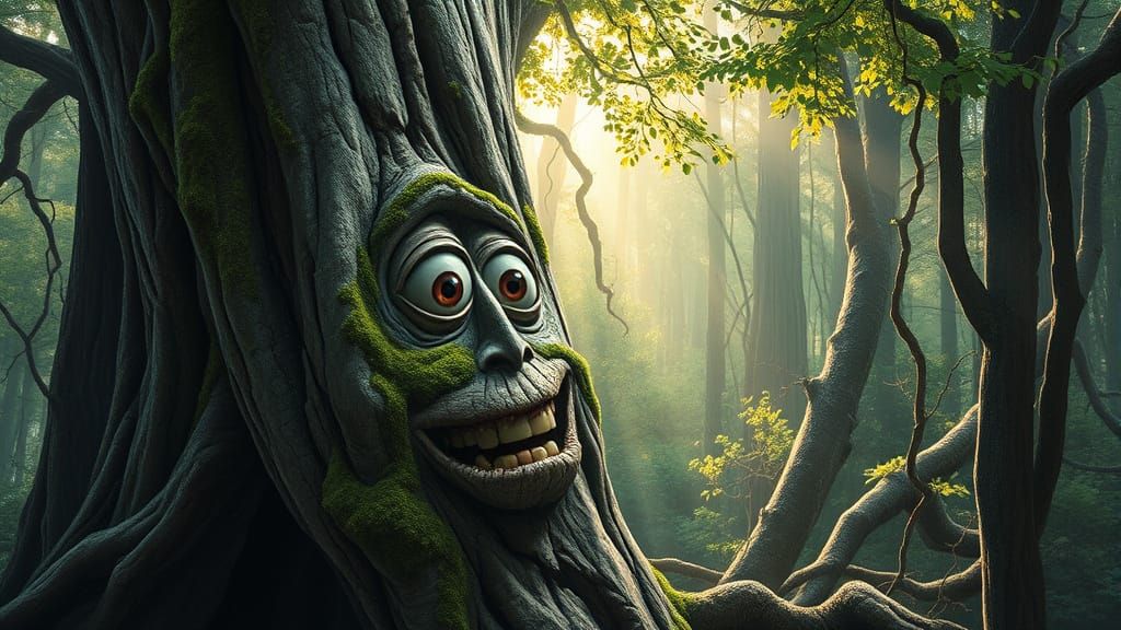 Whimsical Tree in Ancient Forest with Anime-Inspired Details