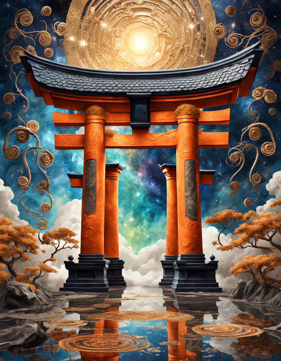 Surreal Torii Gate in Cosmic Void, Impasto Style