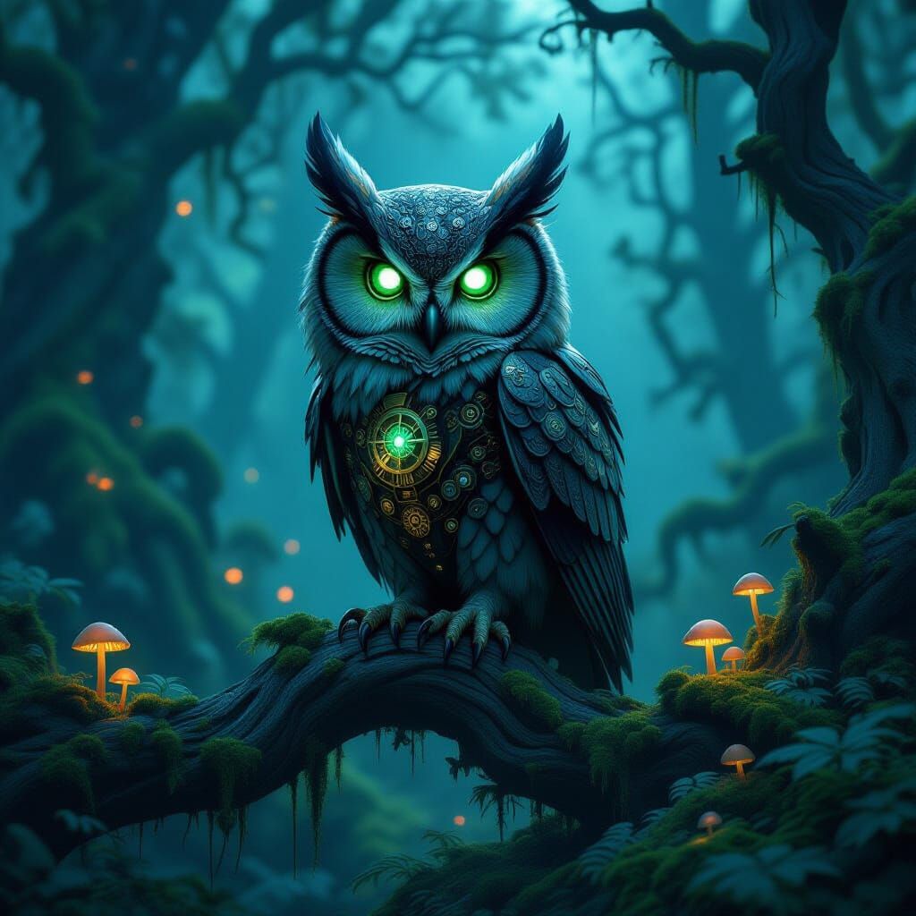 Ancient Clockwork Owl in Mystical Twilight Forest