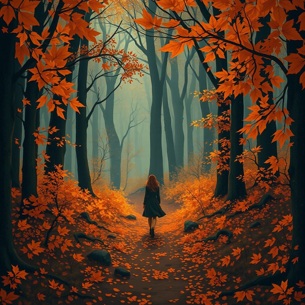 Whimsical Autumn Woodland Scene with Leaves Falling