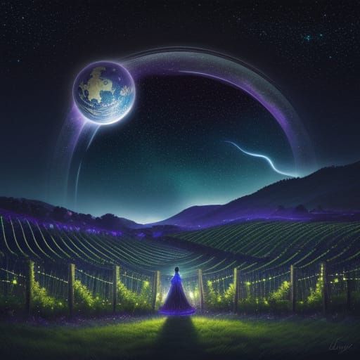Ethereal Vineyard Under Starry Night Sky in Vibrant Astral S...