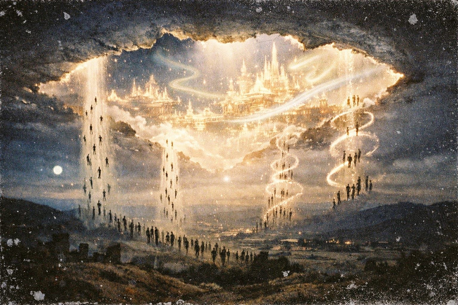 Utopian Realm Revealed Through Torn Celestial Veil