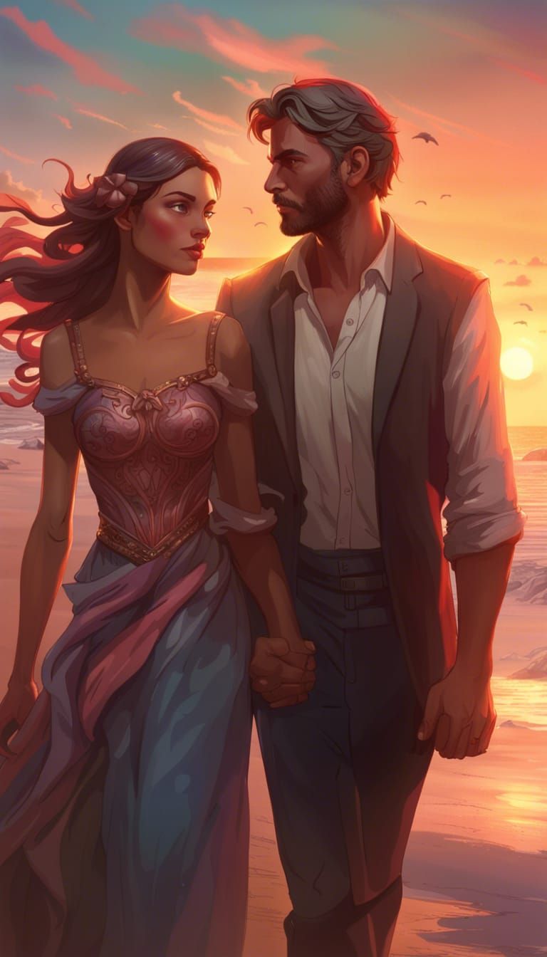 Romantic Beach Sunset Portrait in Digital Art Style