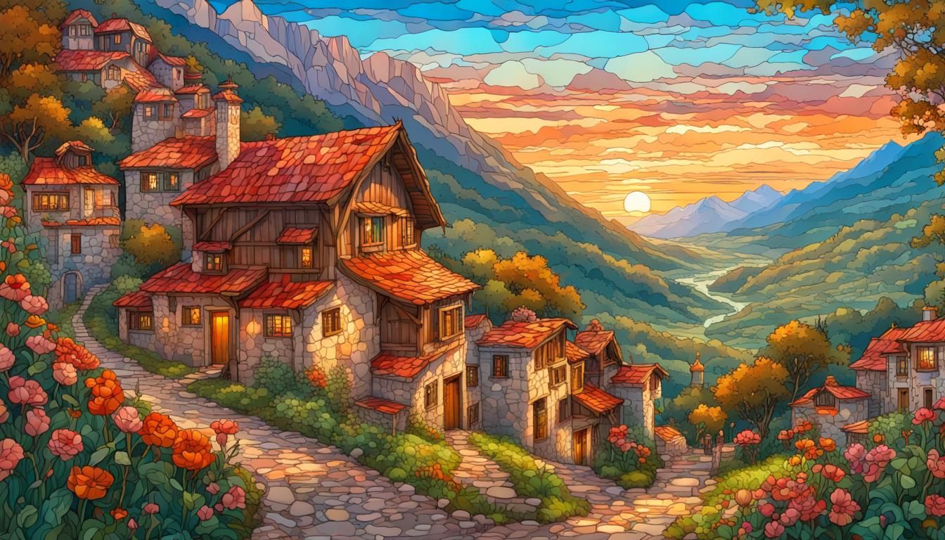 Picturesque Mountain Village Sunset in Stained Glass Style