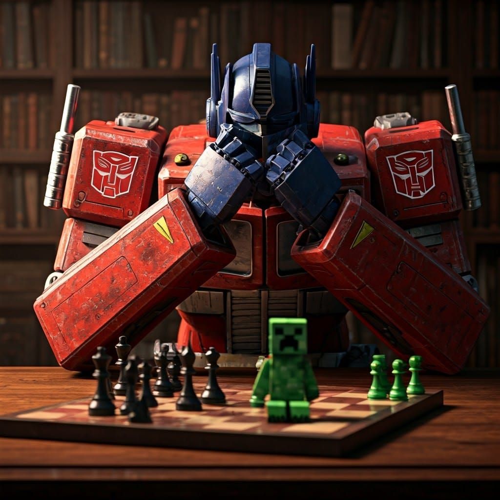 Classic Optimus Prime Defeated by Minecraft Creeper in Chess