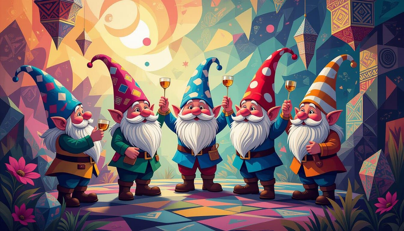 Gnomes Celebrate in Abstract Cubist Art Deco Environment