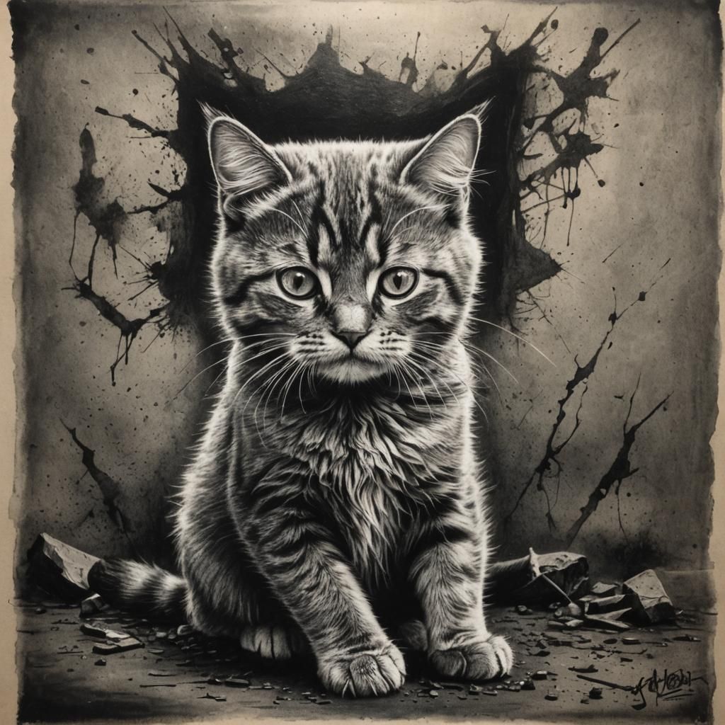 Wanted Criminal Cat in Charcoal Style