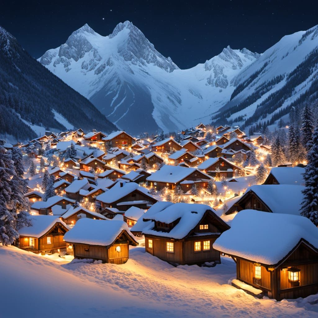 Snowy Alpine Village Aglow with Lanterns at Night