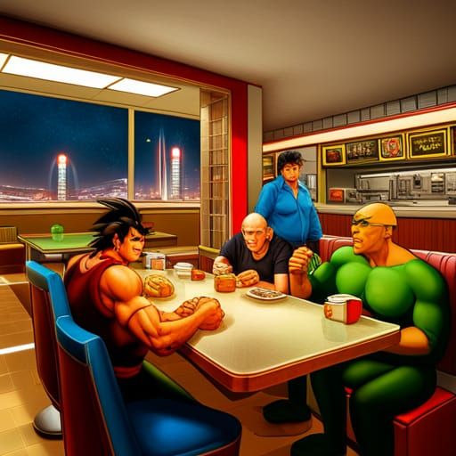 Goku, Picard, and Hogan at Nighthawks Diner