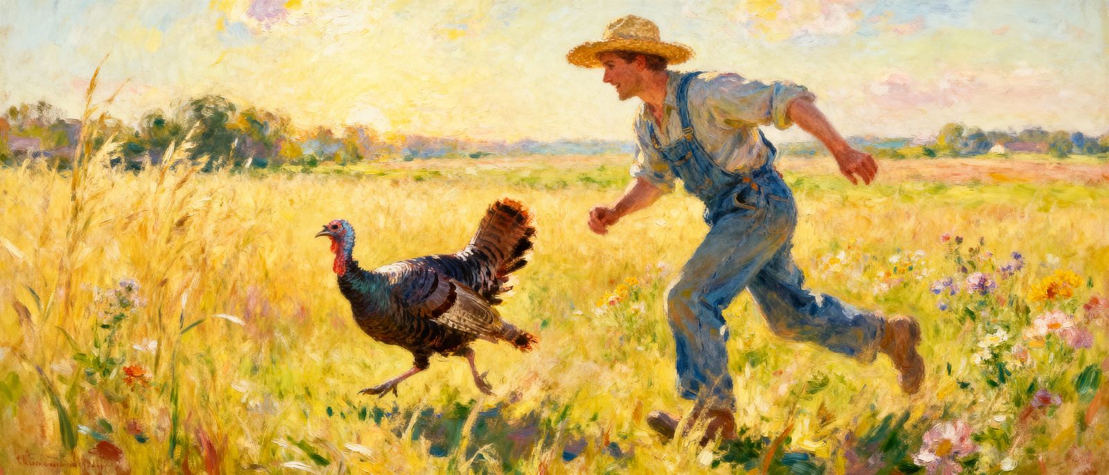 Farmer Chasing Turkey in Impressionist Oil Painting Style