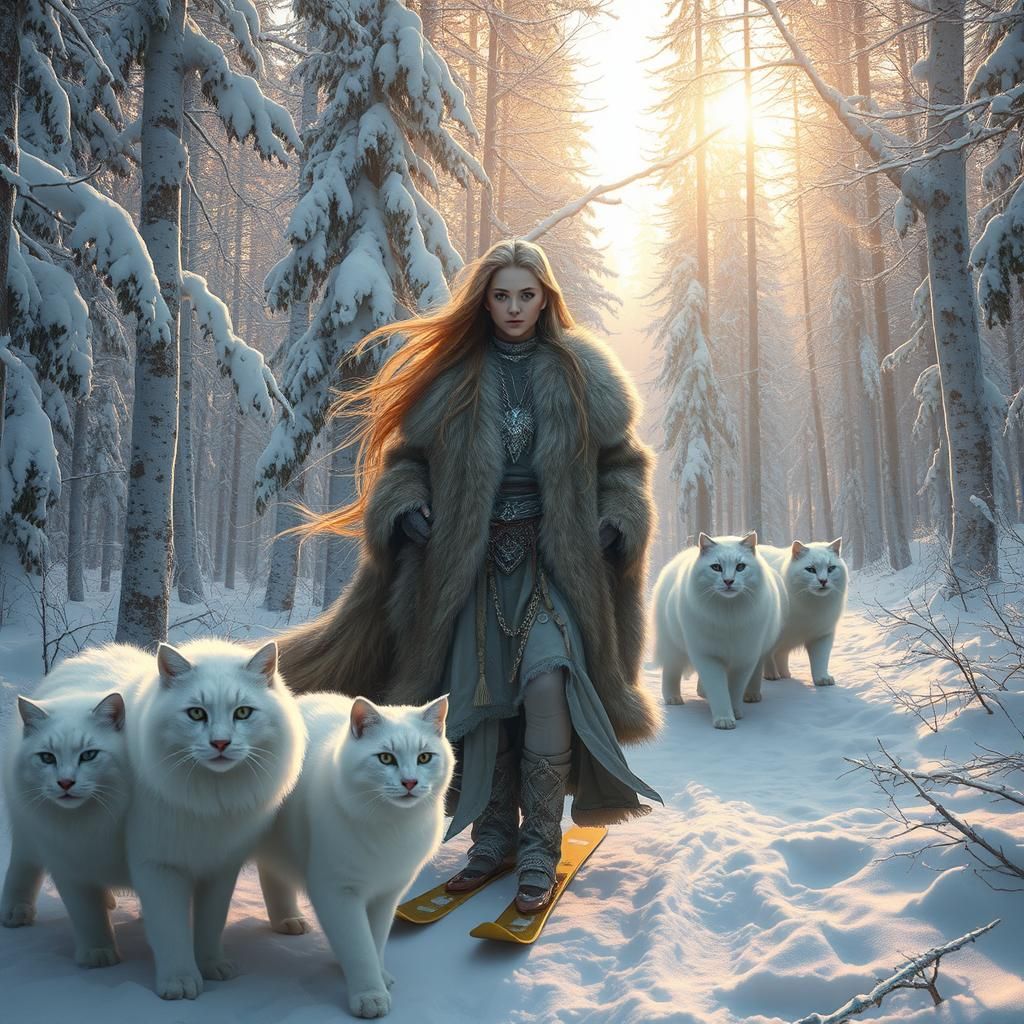 Freya, the Norse goddess of love, skis through the forest surrounded by huge fluffy white cats.