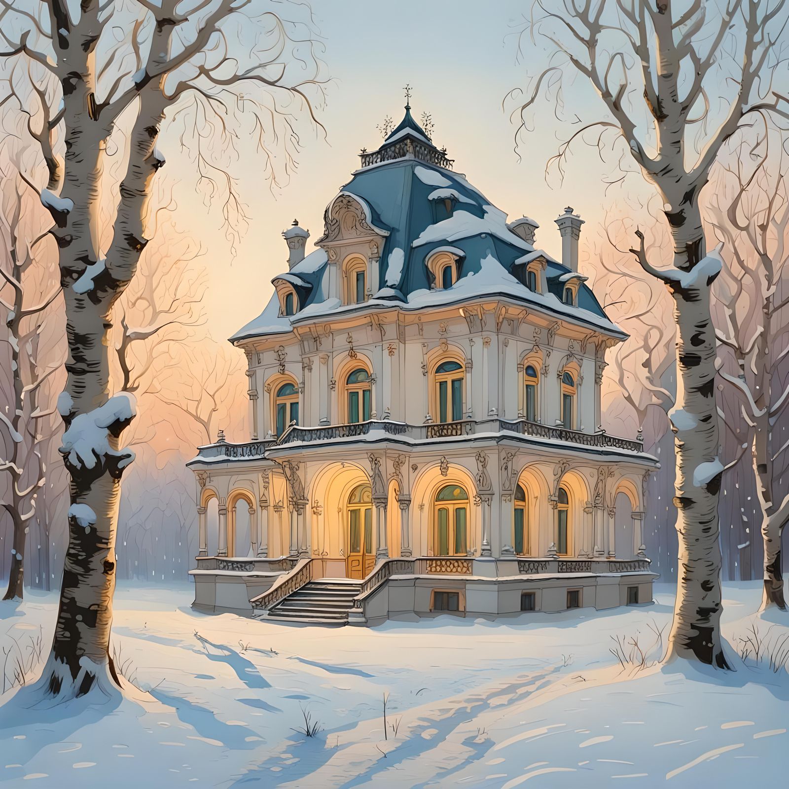 Snowy Rococo Lodge at Magic Hour: Klimt-Inspired