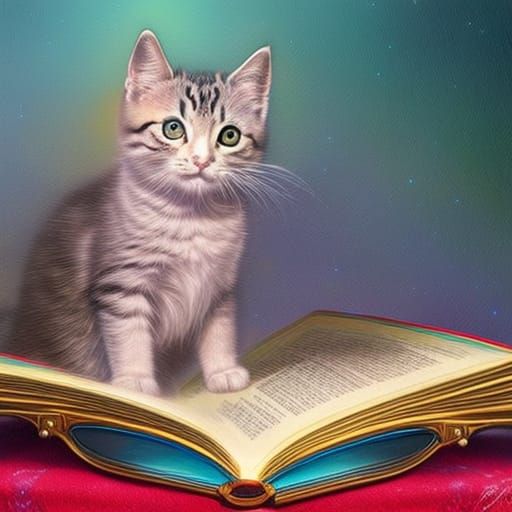 Cute Kitten Reads: Holographic Cosmic Astral Oil Painting