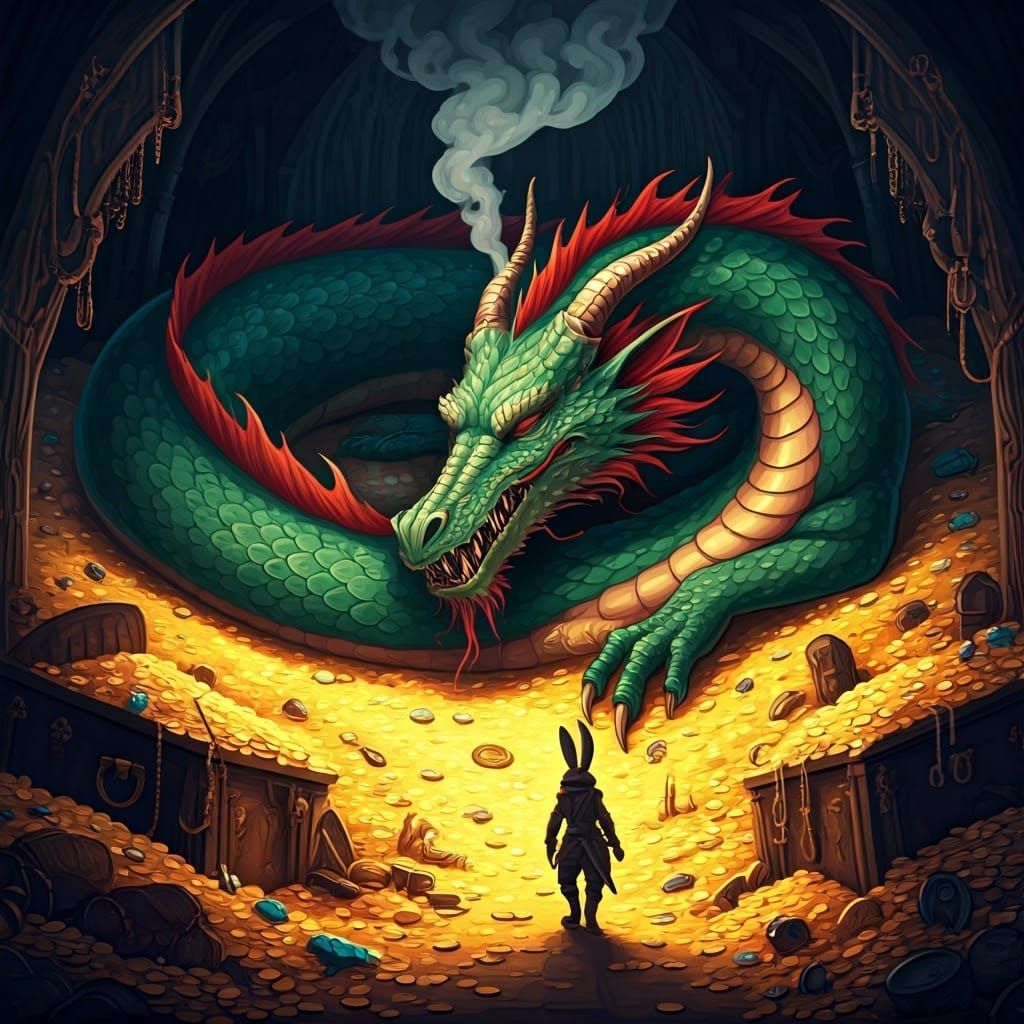 Sleeping Green Dragon with Treasure Trove, Futuristic Art