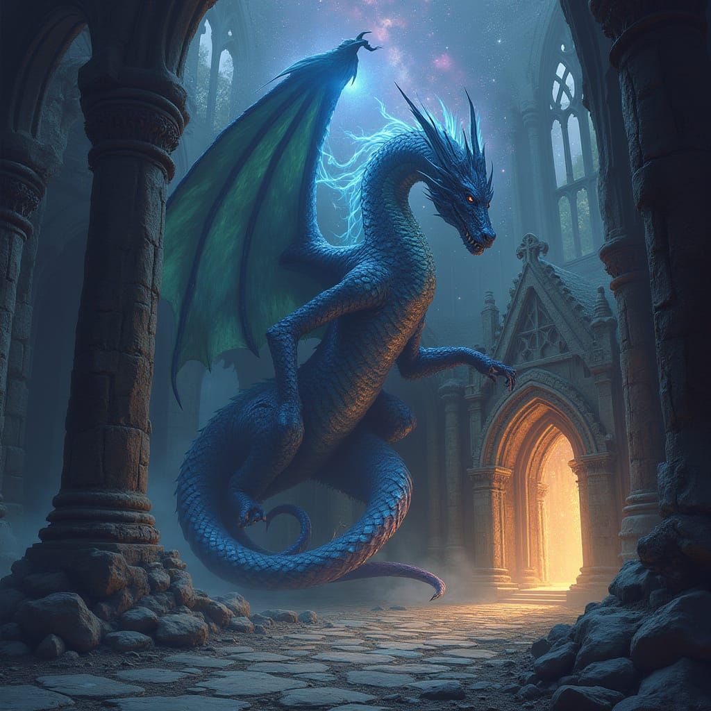 Celestial Dragon Guards Gothic Cathedral in Dark Fantasy Sce...