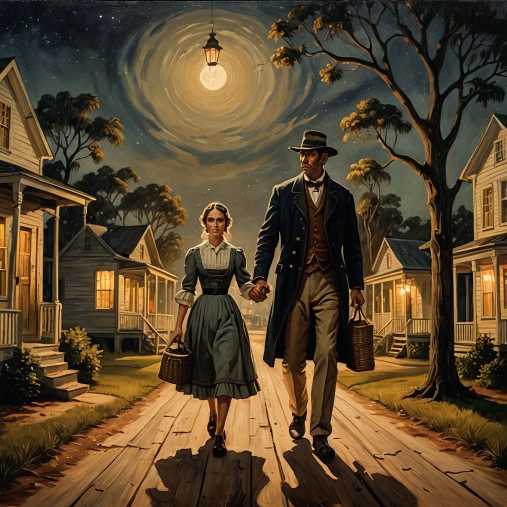 Colonial Florida Town at Midnight in Folk Art Style