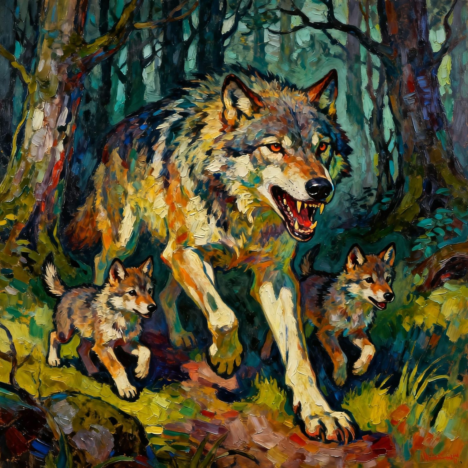 Fierce Wolf Family Hunting in Sinister Forest