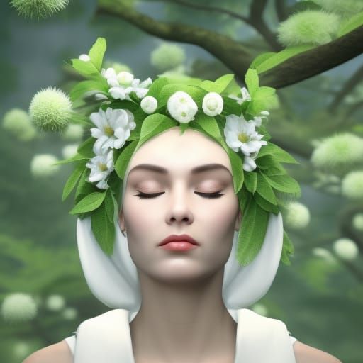 Mysterious Woman in Sunlit Forest, Photorealistic Art Deco