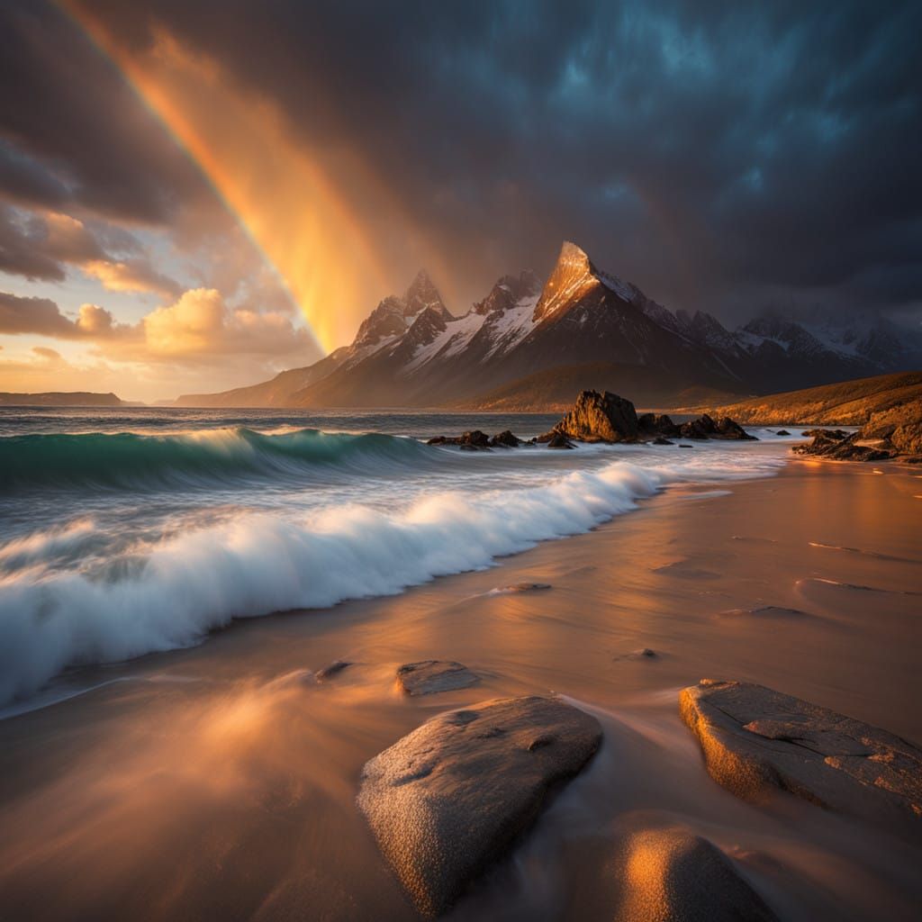 Turquoise Ocean Waves Meet Vibrant Rainbow in Golden Hour