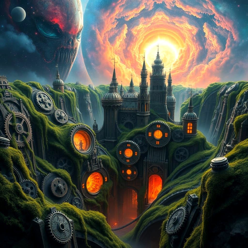 Surreal Clockwork City in Crater with Alien Flora