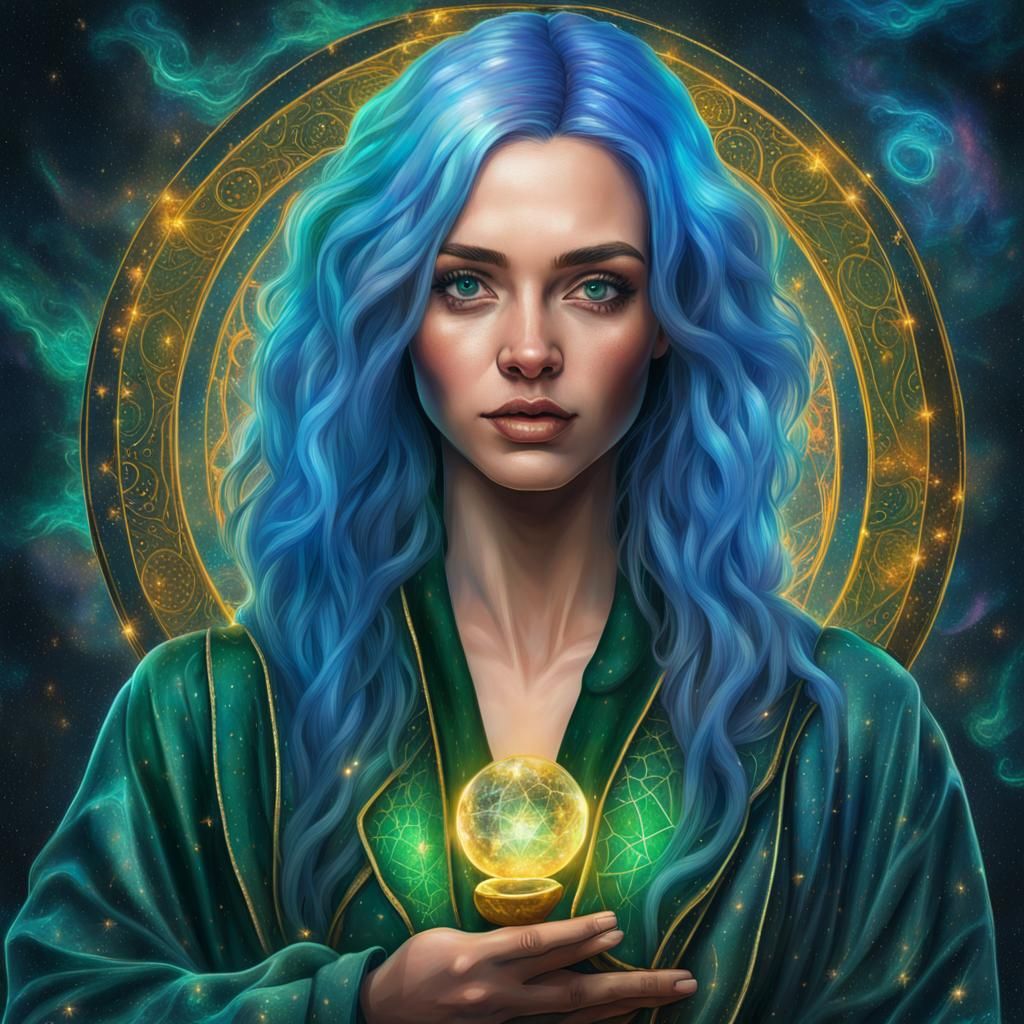 Blue-Haired Sorceress in Slytherin Robe: Astral Illustration